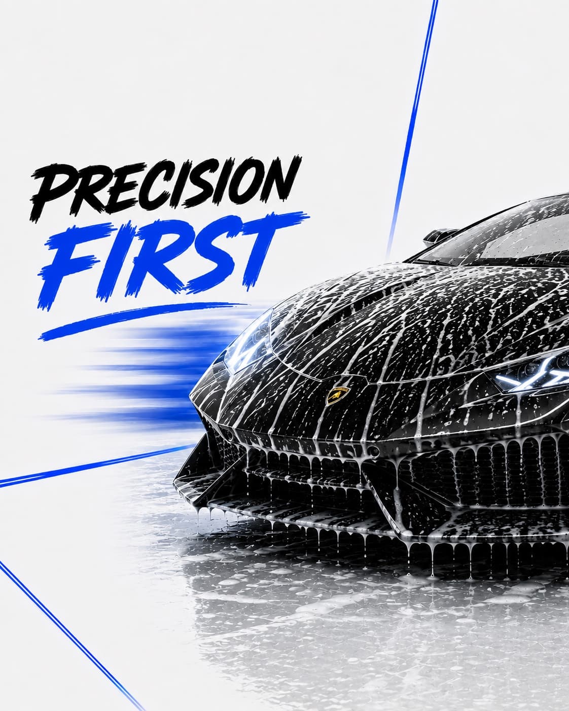 Precision First exterior detailing artwork featuring a foam-covered black Lamborghini